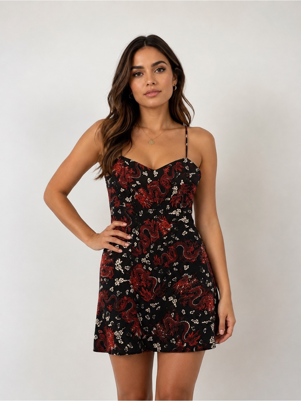 ZARA Black Red Dragon Print Mini Dress Size XS